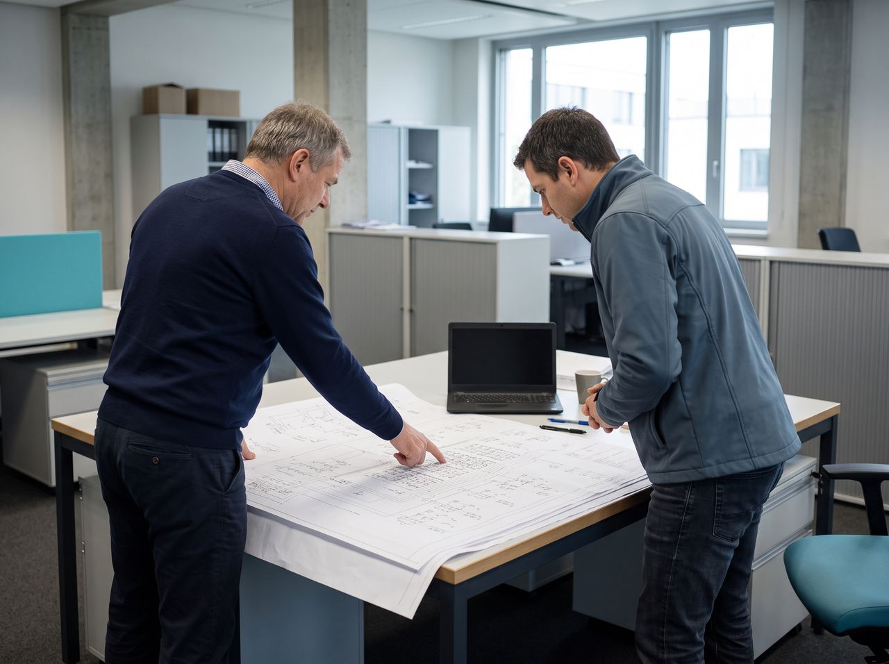 Illustrative photo: reviewing drawings on a work table.