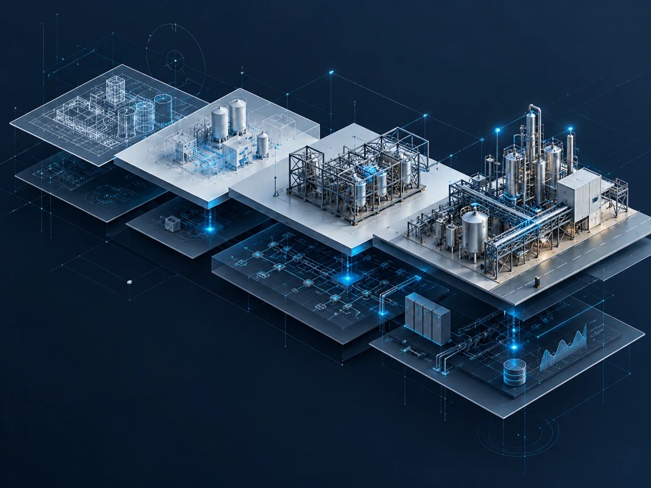 Illustration: an industrial project in successive stages, from drawing to installation, above its control and data layers.