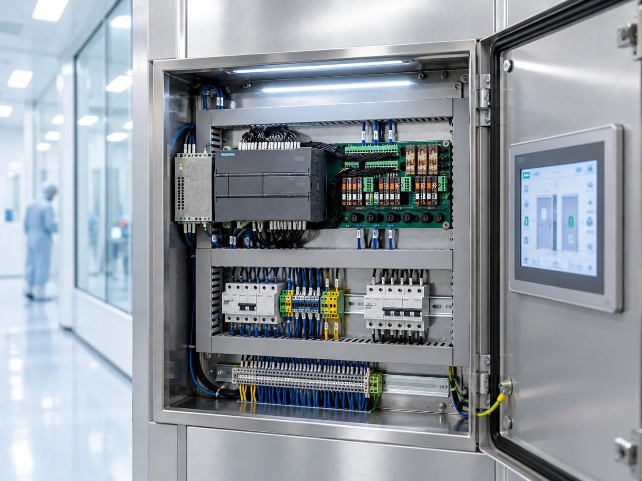 Illustrative photo: airlock control cabinet in a cleanroom.